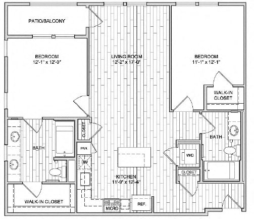 Floor plan for 2 beds, 2 baths, 1142 sqft